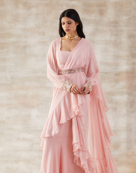 Pink Draped Saree and Blouse Set with Belt