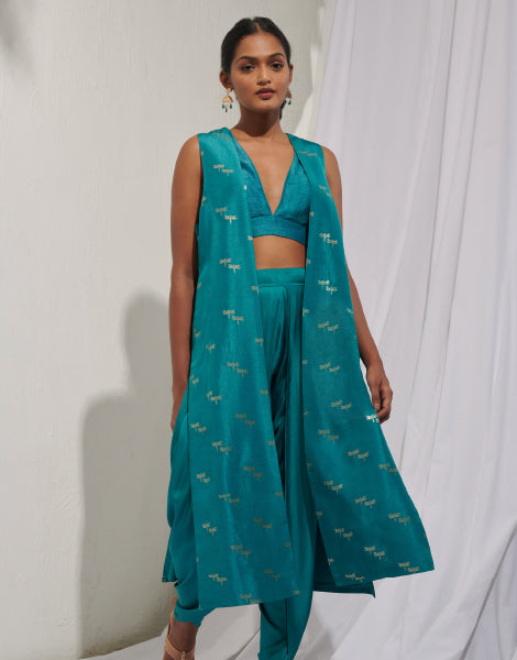 Blouse and Dhoti-Style Pants with Jacquard Jacket