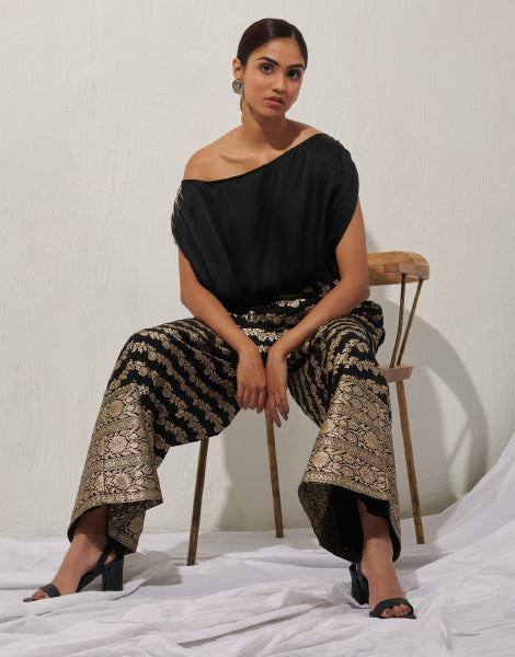 Off-Shoulder Top and Jacquard Wide Leg Trousers