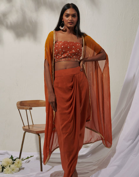 Embroidered Blouse and Draped Skirt with Cape